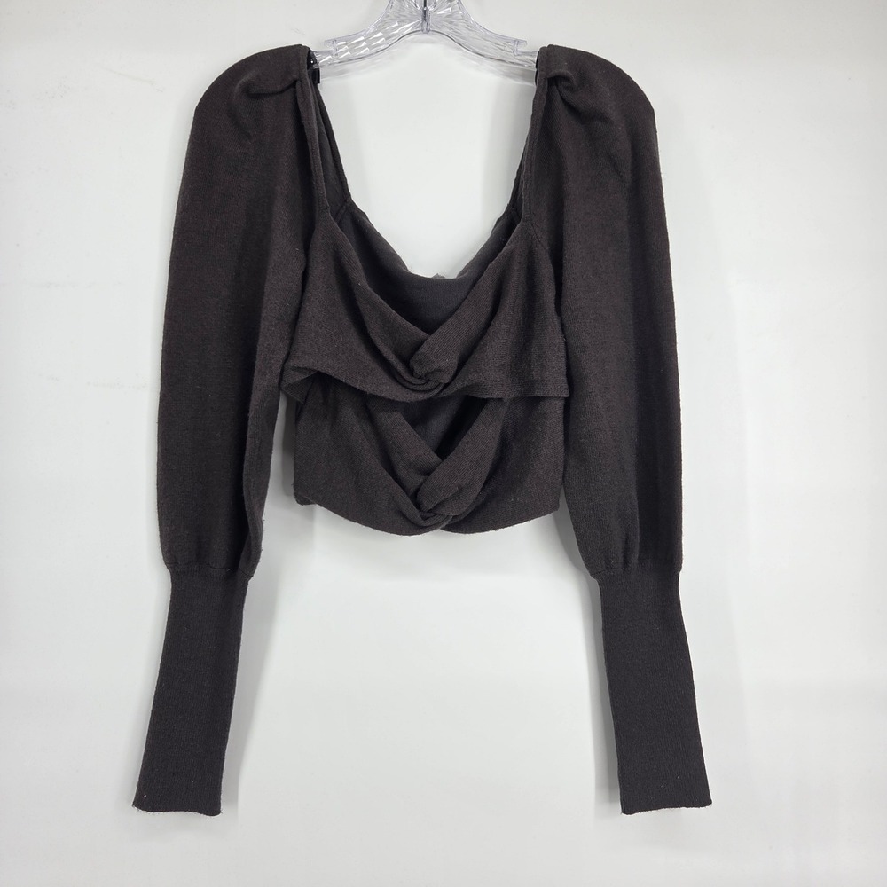 LPA Twist Front Cropped Sweater S Gray Puff Sleeve Balletcore Feminine Chic
